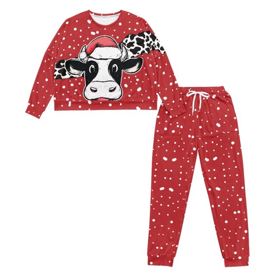 HELLHERO Christmas Pajama Pants Cow Snowflake Printed Pjs Set Crewneck Sleepwear Long Sleeve Loungewear with Jogger Pants Pjs Set, XL
