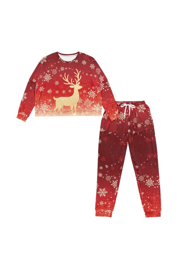 Christmas Pajama Pants Elk Snowflake Printed Pjs Set Long Sleeve Sleepwear Soft Loungewear Round Neck Nightwear with Pockets, M