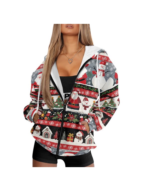 Christmas Patchwork Style With Zipper Long Sleeve Sweatshirts, Polyester Fabric Zip Up Jacket Drawstring Stretch Track Jacket for Fall Daily Life