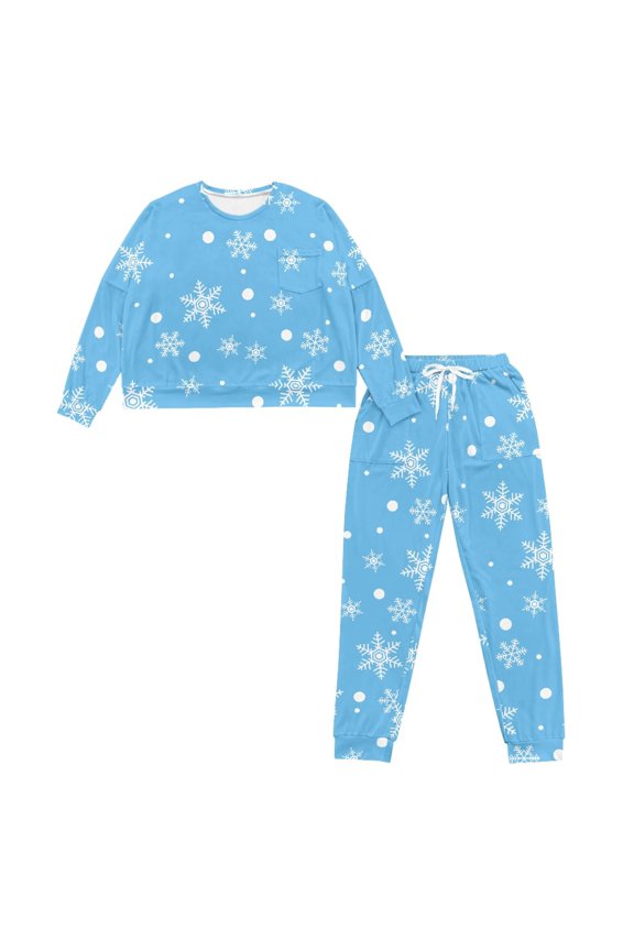 Christmas Pjs Set for Women Snowflake Printed Pajama Round Neck Sleepwear with Pockets Casual Pjs Set for Home, S