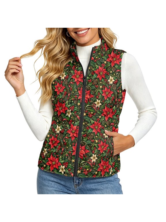 Christmas Poinsettia Women's quilted jacket vest, Polyester Padded Gilet with Pocket for Fall Winter Layering