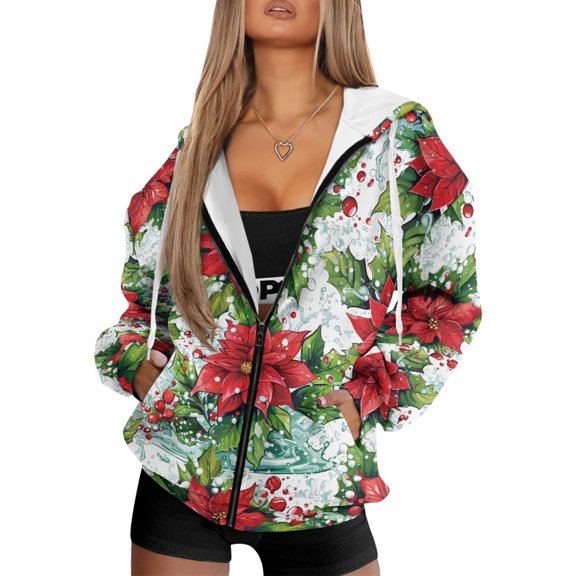 HELLHERO Christmas Poinsettias with Snow Womens Zip Up Hoodies Stretchy with Practical Front Pockets Polyester Fabric Hooded Jacket for Fall Vacation