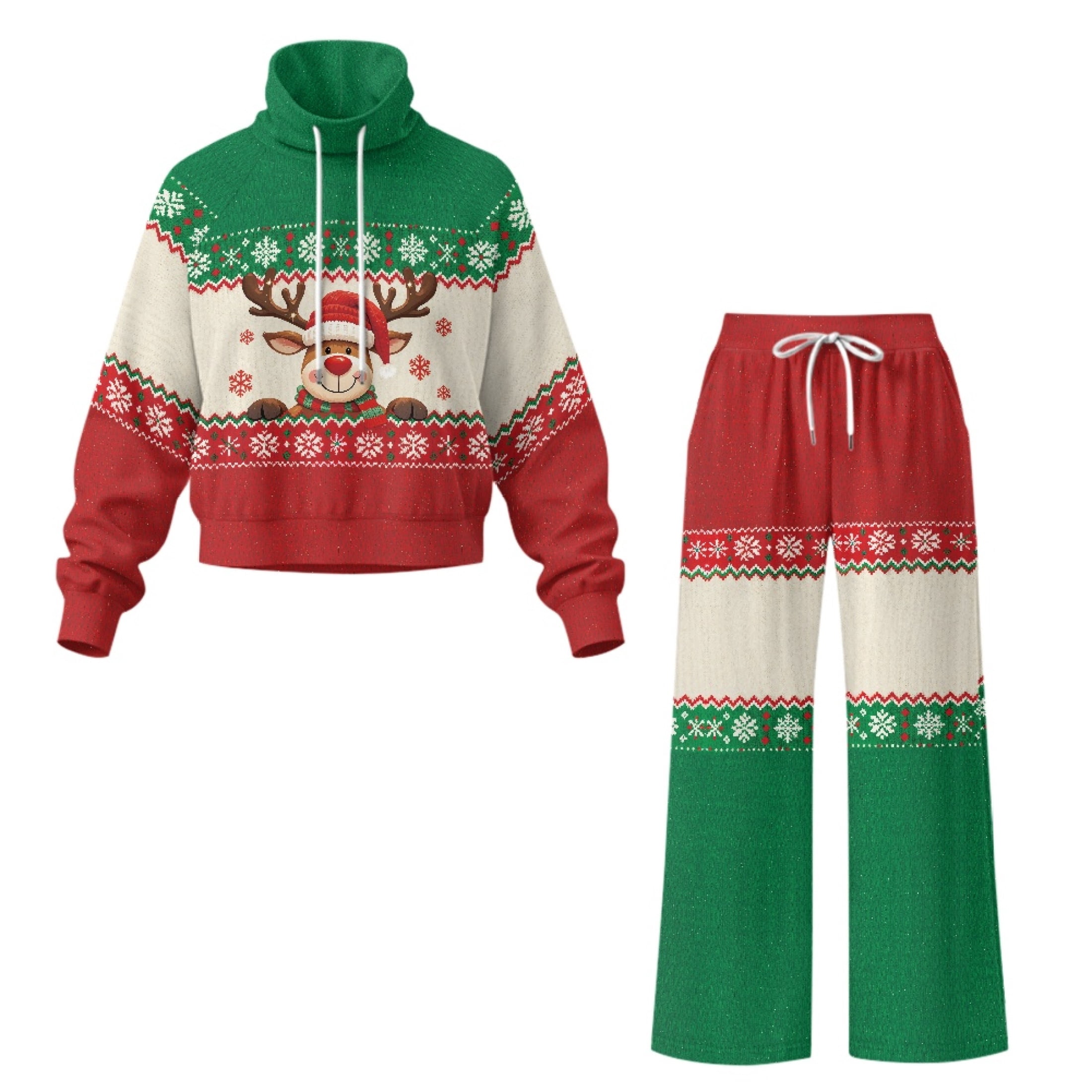 Traksuit Pattern HELLHERO Christmas Reindeer Pattern Anti-Fade Women Two Piece Tracksuit ...