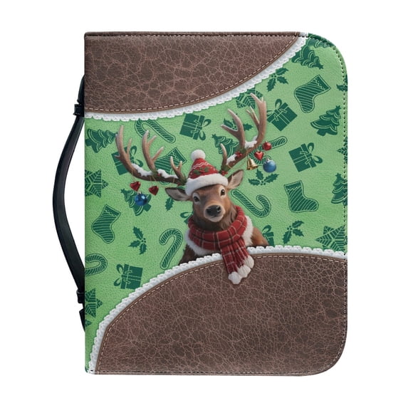 HELLHERO Christmas Reindeer Pattern Bible Tote for Church Christian Prayer, Protective Bible Cover PU Leather Top Handle Bible Book Cover