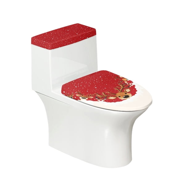 HELLHERO Christmas Reindeer Pattern Toilet Covers Set Machine Washable for Gift Easy Care Round Toilet Lid Dust Cover