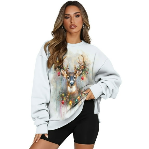 HELLHERO Christmas Reindeer Print Women Sweatshirt Fall, Oversized Long Sleeve Pullover Tops Comfy Crewneck Sweater Size XXL