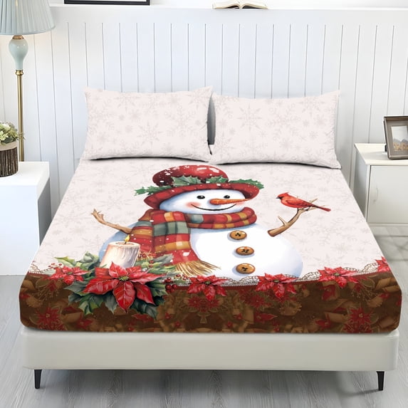 HELLHERO Christmas Snowman 3Pc Fitted Sheets with Easy Care Soft, Fitted Sheet & 2 Pillowcases, No Flat Sheet Included Fitted Bedding for Dorm Bedroom
