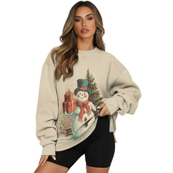 HELLHERO Christmas Snowmen Print Women Pullover Top Oversized, Comfy Fall Winter Long Sleeve Crewneck Sweatshirt Size L