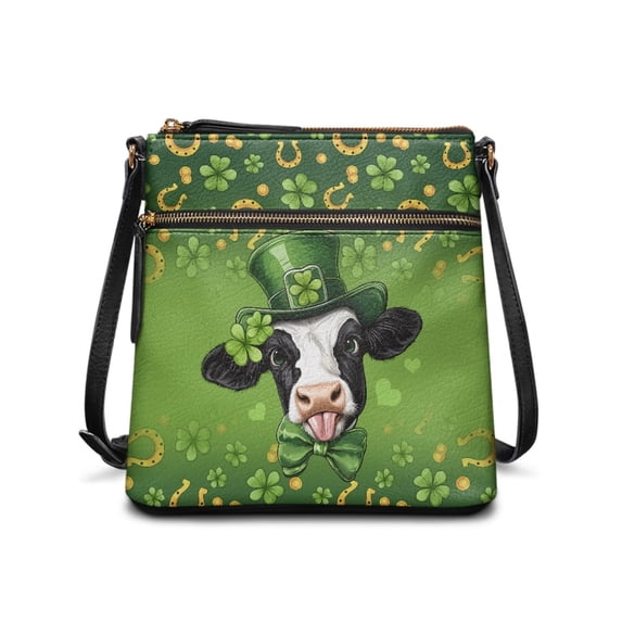 HELLHERO Clover and Cow Pattern Satchel Bag Crossbody Bag, Waterproof Adjustable Strap Design PU Leather Crossbody Purse Durable for Travel Daily Outings