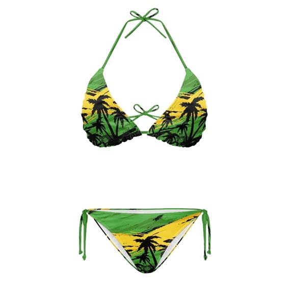 HELLHERO Coconut Tree Pattern Design Spandex Bikini Sets for Women Chic Adjustable Halter Plus Size Design Elastic