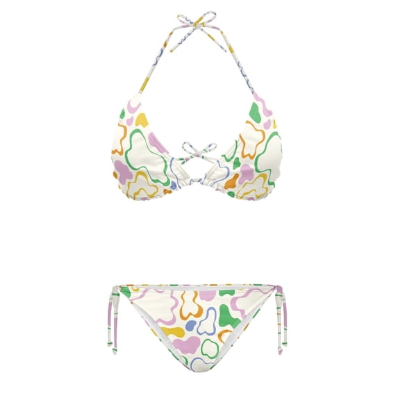 HELLHERO Colorful Abstract Print Two Piece Bikini Set Removable Padding Sturdy Stitching Ladies Bathing Suit Swimwear Adjustable Tie Side Halter