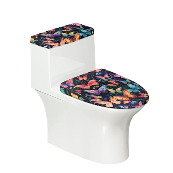 HELLHERO Colorful Butterflies Toilet Lid Cover Set, Non-Slip Reusable Elastic Fabric Toilet Bowl Cover