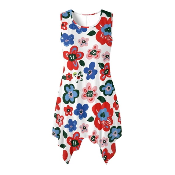 HELLHERO Colorful Flowers Beach Midi Dress for Party Daily, Side Pockets Irregular Hem Ladies Sleeveless Round Neck Irregular Hem Dress