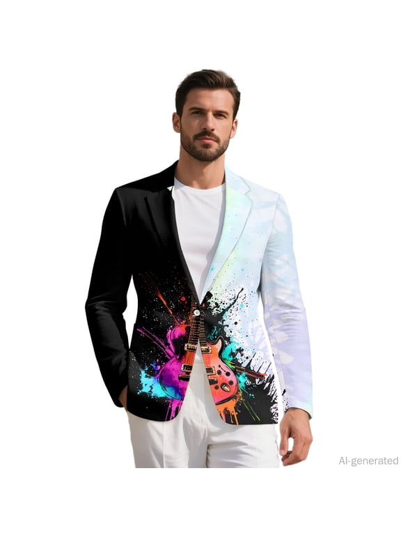 Colorful Guitar Pattern Design Polyester Office Blazer with One Button, Modern Regular Fit Formal Coat for Summer