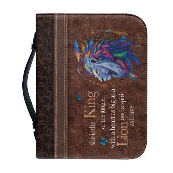 HELLHERO Colorful Lion Butterfly Print Bible Cover, Large Capacity PU Leather Bible Case for Prayer Church, Protective Bible Carrying Case