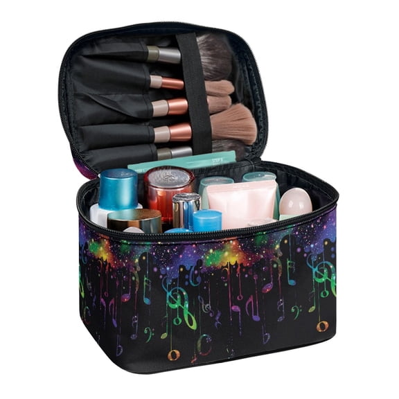 HELLHERO Colorful Musical Note Patterns Portable Make Up Toiletry Organizer Cosmetic Bag Make Up Organizer Case Large Capacity Adult with Slip-in Pockets Handle