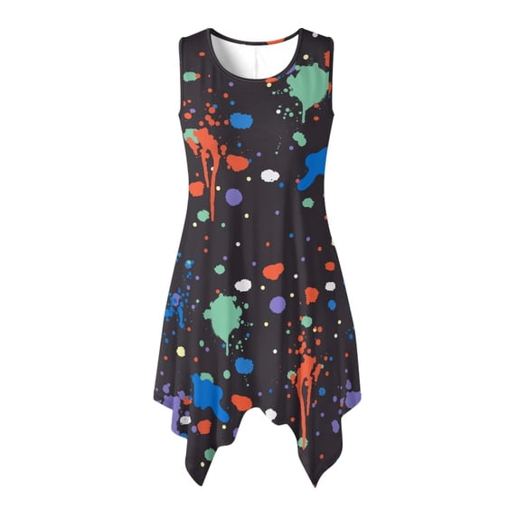 HELLHERO Colorful Paint Splatter Women Sleeveless Round Neck Irregular Hem Pocket Dress, Side Pockets Sleeveless Sundress With Side Pockets Summer Sleeveless Dress
