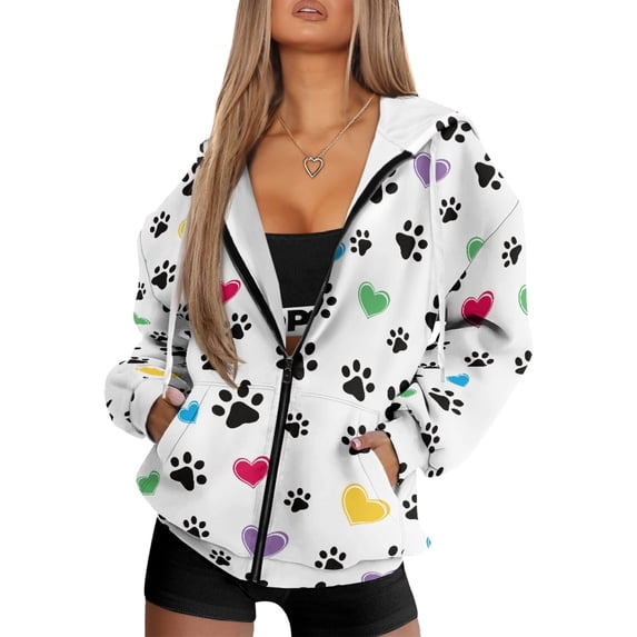 HELLHERO Colorful Pet Paws Zip up Sweatshirt With Zipper with Skin‑Friendly Polyester Fabric Womens Zip Up Hoodies for Fall Winter