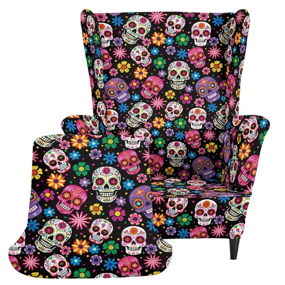 HELLHERO Colorful Skull Flowers 2 Piece Wingback Chair Slipcover, Stretch Soft Armchair Cover Spandex Single-Seat Wingback Armchair Covers for Bedroom Living Room
