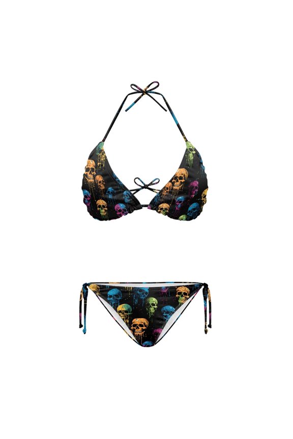 Colorful Skull Pattern Bikini Set Polyester Spandex Elastic Plus Size Design Halter Bikini Set for Women