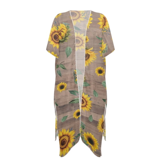 HELLHERO Comfort Half Sleeve Long Swimwear Cover up for Beach Polyester Flowy Bathing Suit Cover Up Sunflowers
