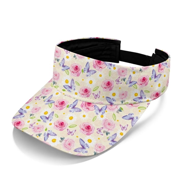 HELLHERO Comfortable Fit Open Top Visors for Travel Running, Polyester Fabric Adjustable Sports Sun Visor Hats, Butterfly Rose Pattern