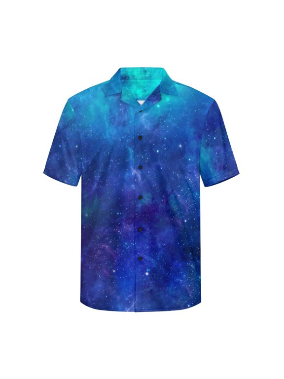 Comfortable Men's Short Sleeve Button Shirt for Beach Outdoor Activities, Galaxy Pattern Breathable Men's Short Sleeve Button Up Shirt Lightweight