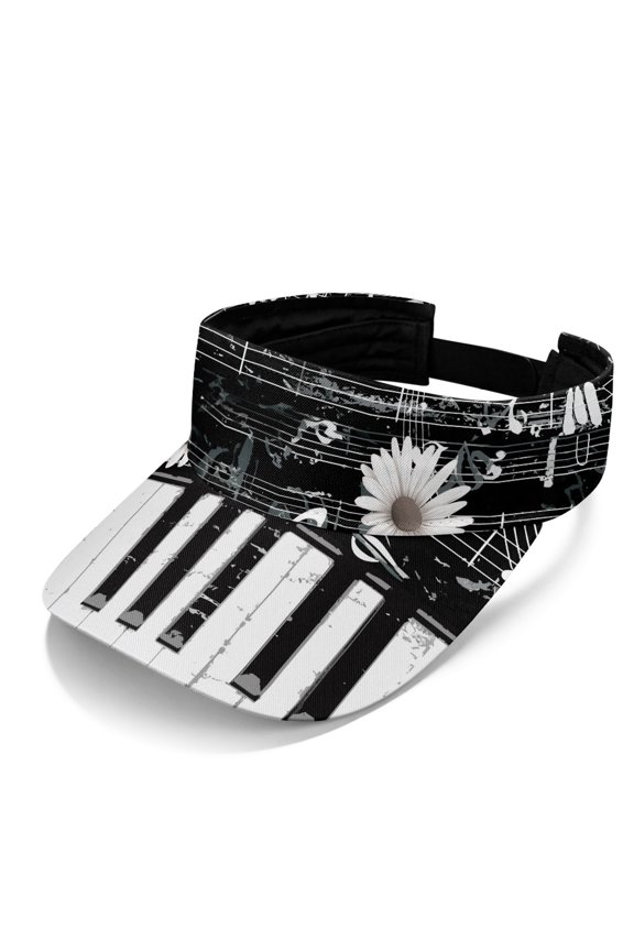 Comfortable Polyester Fabric Visor Hat for Golf Running, Breathable Lightweight Adjustable Strap Sun Visor Cap, Piano Music Daisy
