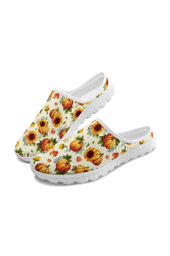 Convenient Mesh Slip On Clogs, Sunflower and Pumpkin Pattern Comfort Lightweight Half Drag Clogs for Outdoor Indoor Summer