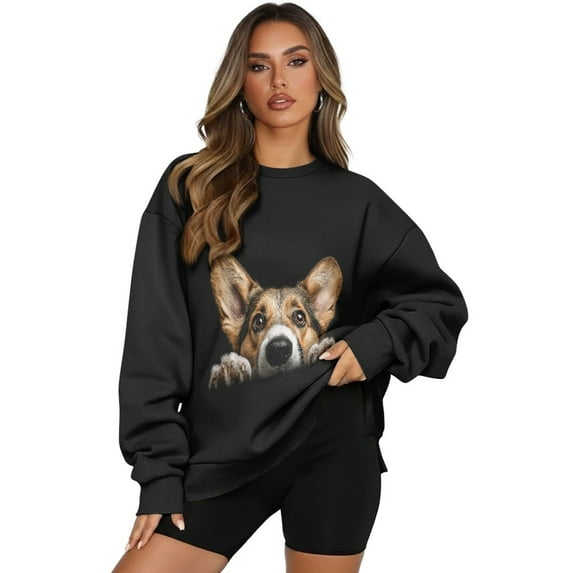 HELLHERO Corgi Print Pullover Tops for Women Long Sleeve Crewneck Sweatshirt Fall Winter Oversized Sweatshirt Fashion Clothes Size XL