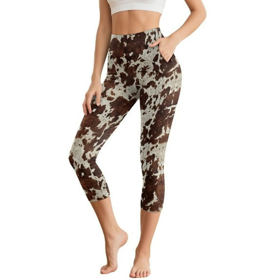 HELLHERO Cow Print Capri Leggings for Women Tummy Control Yoga Leggings Lightweight Workout Yoga Pants with Pockets, XL