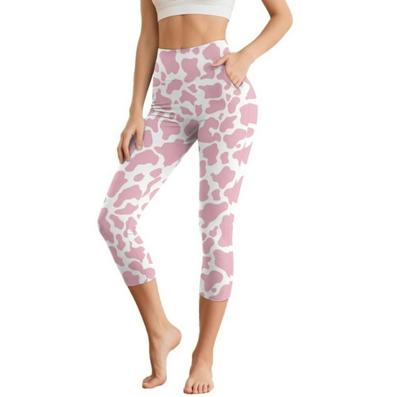 HELLHERO Cow Print Yoga Leggings for Women High Waisted Capri Leggings Breathable Yoga Pants with Pockets, 2XL