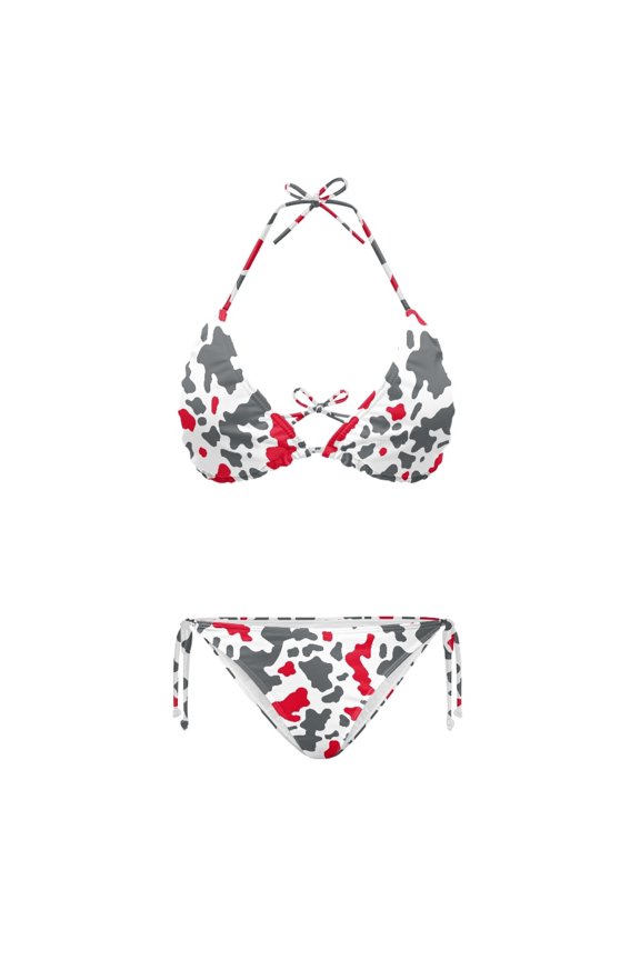 Cow Spot Print Two Piece Bikini Set, Adjustable Halter Side Tie Bathing Suit, Stylish Red Gray White Women's Swimwear for Beach