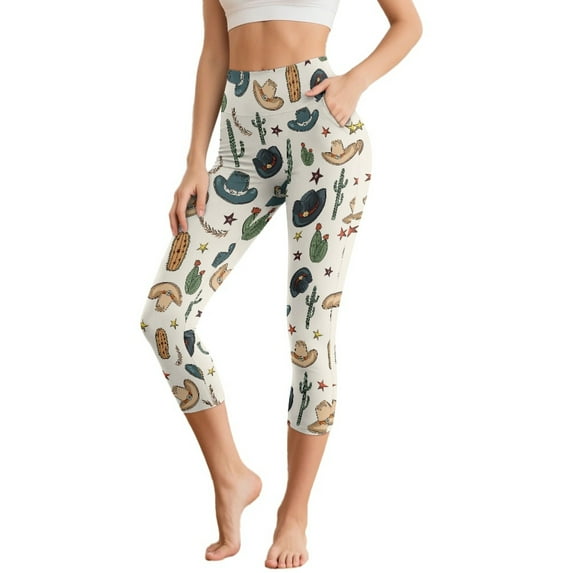 HELLHERO Cowboys Cactus Printed Yoga Leggings for Women High Waisted Capri Leggings Athletic Yoga Pants with Pockets, S
