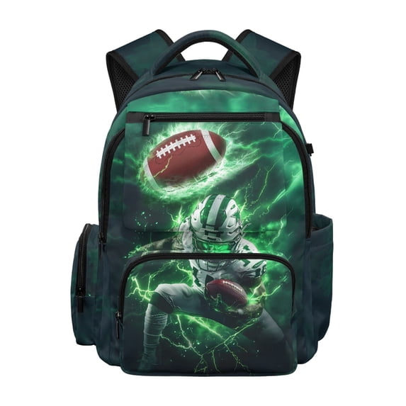 HELLHERO Custom Football Green Lightning Kawaii School Backpack with Multi Pocket Padded Casual Daypack, Breathable 17 Inch Kids Backpack for Daily Use Back to School