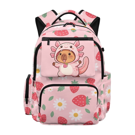 HELLHERO Cute Capybara & Axolotl Heart Backpack for School with Adjustable, Side Pockets Soft 17 Inch Bookbag for Daily Use Back to School
