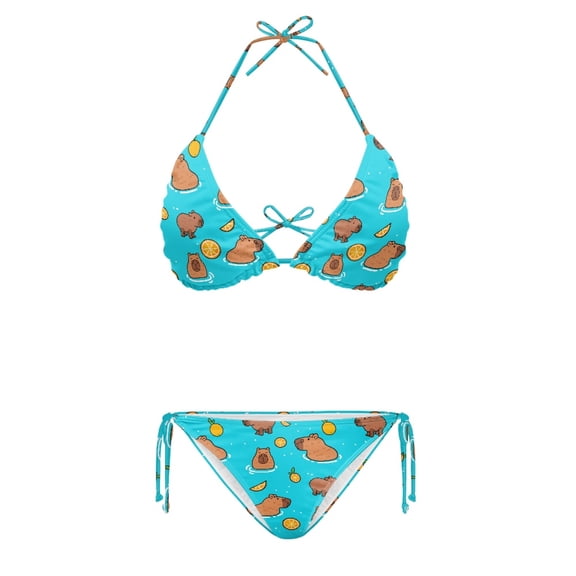 HELLHERO Cute Capybara Citrus Print Two Piece Swimwear For Women, Adjustable Halter Tie Side Ladies Bikini Swimsuit Set, Stylish Blue Bathing Suit