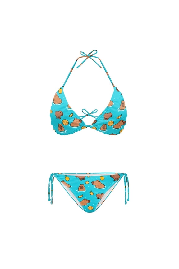 Cute Capybara Citrus Print Two Piece Swimwear For Women, Adjustable Halter Tie Side Ladies Bikini Swimsuit Set, Stylish Blue Bathing Suit