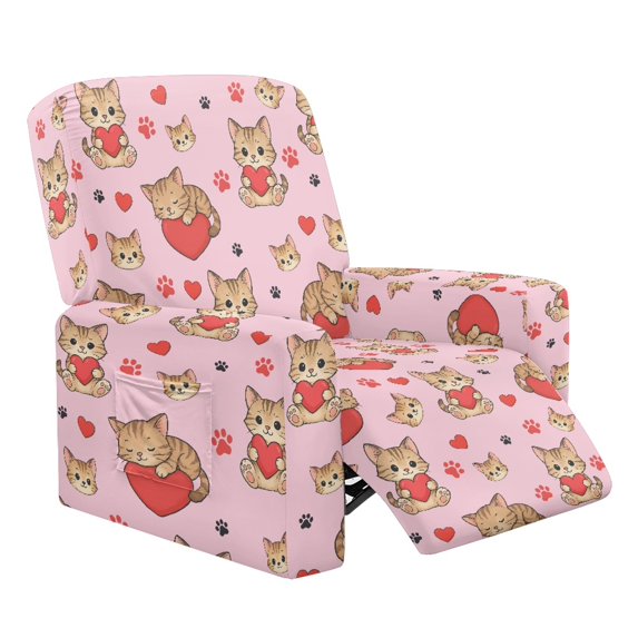 HELLHERO Cute Cat Red Heart Recliner Covers, Washable Brushed Recliner Chair Slipcover, 4 Pack with Side Pockets for Living Room Kids and Pet Protection