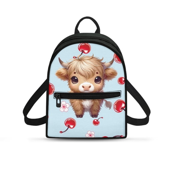 HELLHERO Cute Highland Cow Design Small Backpack for Hiking Daily, Lightweight Lunch Bag for Women Polyester Zipper Closure Mini Backpack
