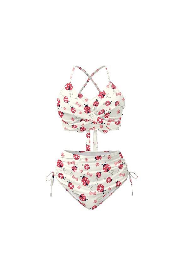 Cute Ladybug Print High Waisted Bikini Set - Halter Crisscross Back 2 Piece Swimsuit with Drawstring Sides for Summer Beach & Pool Vacations