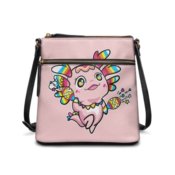 HELLHERO Cute Rainbow Axolotl Printed Crossbody Bag, Womens PU Leather Shoulder Bag, Waterproof Lightweight Purse for Daily Dating and Storage
