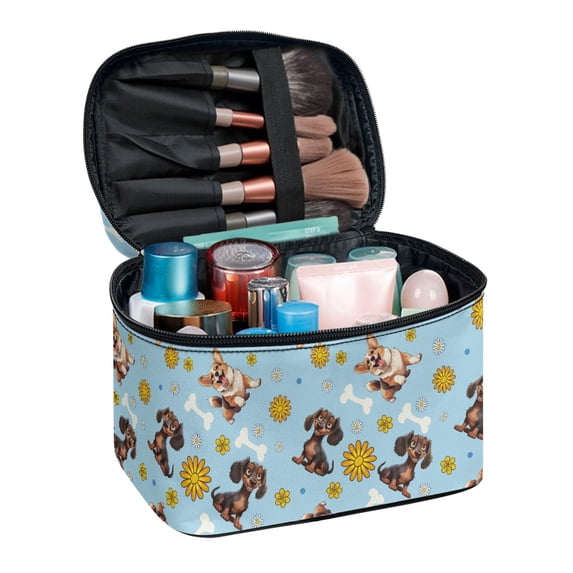 HELLHERO Dachshund and Daisy Pattern Polyester Makeup Travel Case Makeup Skincare Organizer Double Zipper Handy With Brush Storage Carry-on Travel Essentials Brush Storage