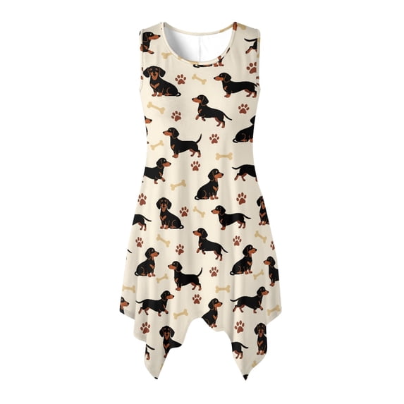 HELLHERO Dachshund Paw Print Pattern Summer Sleeveless Dress, Side Pockets Sleeveless Sundress Round Neck Asymmetric Hem Midi Dress for Christmas Party Vacation