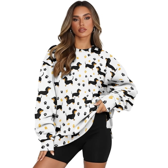 HELLHERO Dachshund Paw Print Sweatshirt for Women Oversized Crewneck Sweater Casual Long Sleeve Winter Pullover Tops Size L