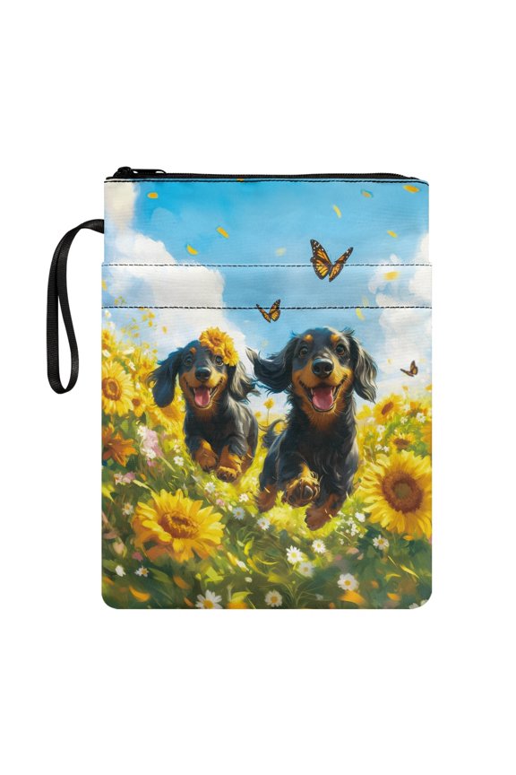Dachshund Sunflower Pattern Book Lovers Gift Zipper Bag, 11.4 Inch X 8.66 Inch Polyester Book Organzoer Holder Protector Wrap Bag Carrying Book Case