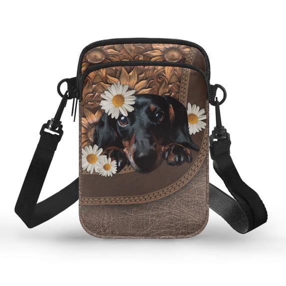 HELLHERO Dachshund and Daisy Pattern Shoulder Purse for Adult Polyester Adjustable Crossbody Bag with Double Layer
