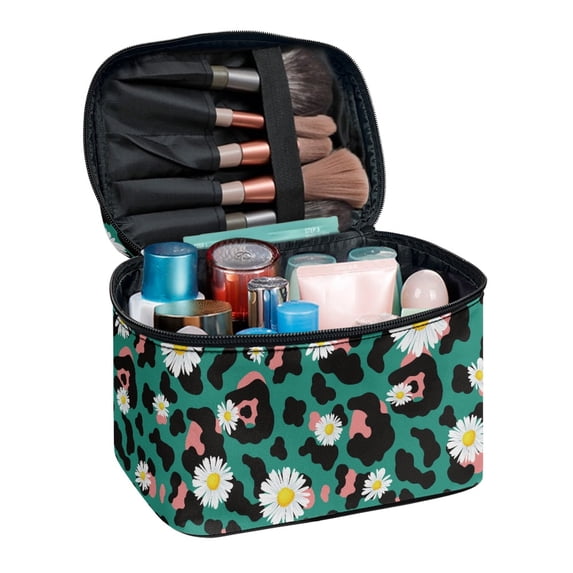 HELLHERO Daisies Portable Traveling Make Up Organizer Bag with Brush Slots Travel Cosmetic Makeup Bag (8.86"x6.5"x5.9")