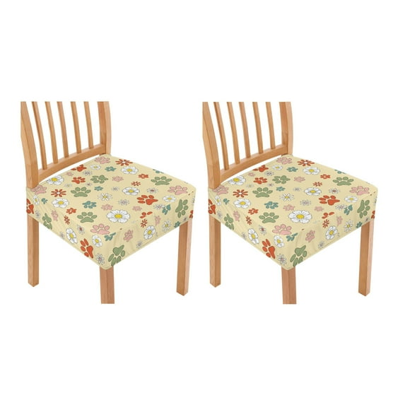 HELLHERO Daisy Dog Paw Print Dining Chair Covers Set of 2, Seat Covers for Dining Room with Elastic Band, Anti-dust Kitchen Chair Seat Slipcovers, Yellow