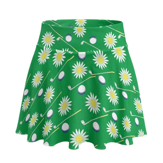 HELLHERO Daisy Golf Pattern Polyester Spandex Golf Skirt with Built-in Shorts, 2 Side Pockets Soft Tennis Skirt for Pickleball Daily Wear Party